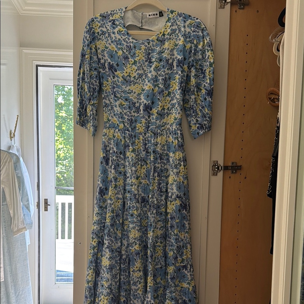RIXO Blue Floral Midi Dress with Puff Sleeves